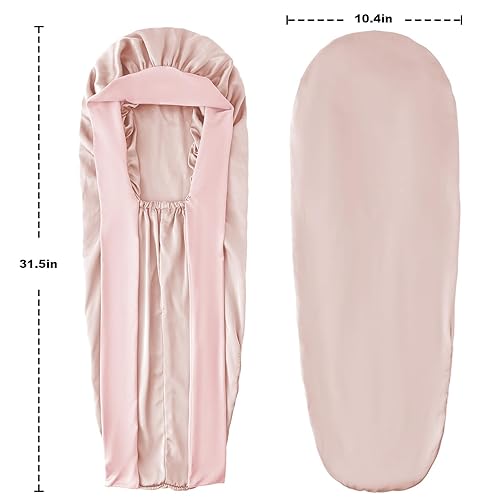 Miniatura 7 de Gorro largo de seda para dormir, gorro de satén con banda de corbata, gorros jumbo para mujer, trenzas largas y rizadas, gorro de ducha (rosa)