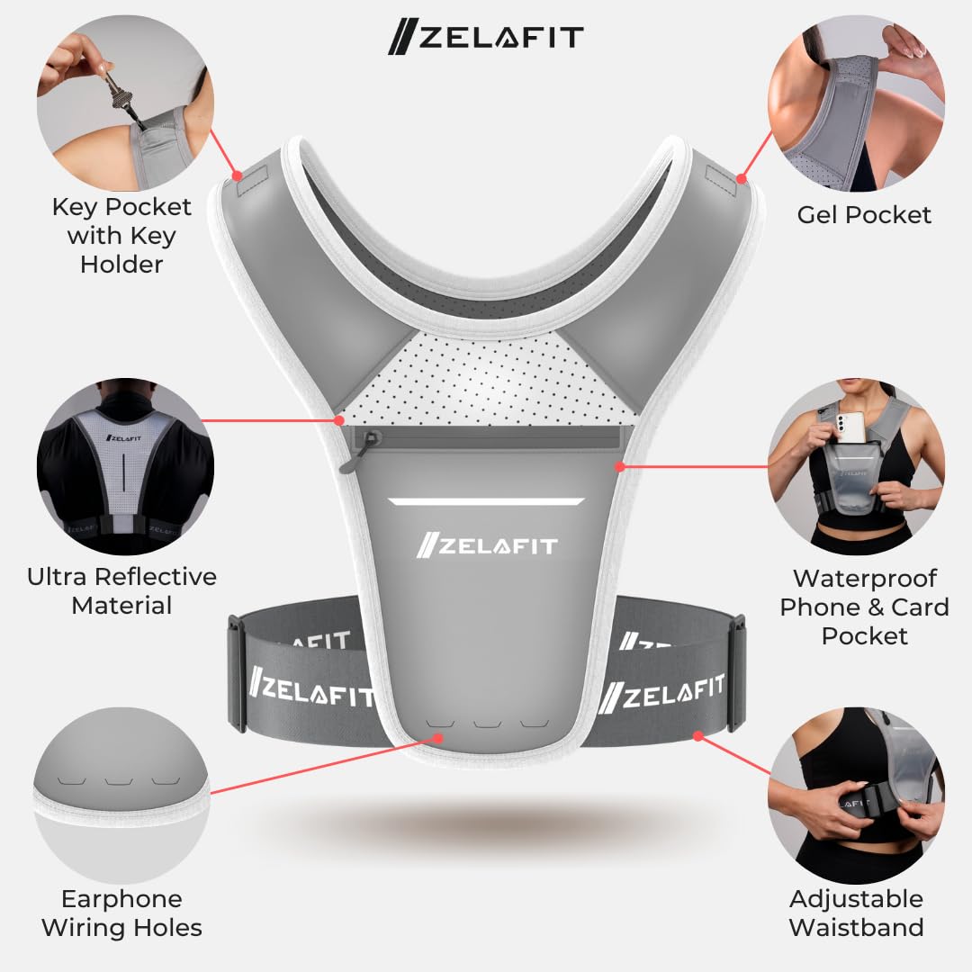 ZelaFit® Gilet de Running Unisexe | Porte-Téléphone Imperméable | Léger & Réfléchissant | Idéal Course, Trail, Fitness, Randonnée, Marathon, Sport (Noir)