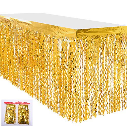 Leegleri Plastic Metallic Foil Fringe Table Skirt Tinsel Curly Willow Party Table Skirt Banner For Mardi Gras Party cover