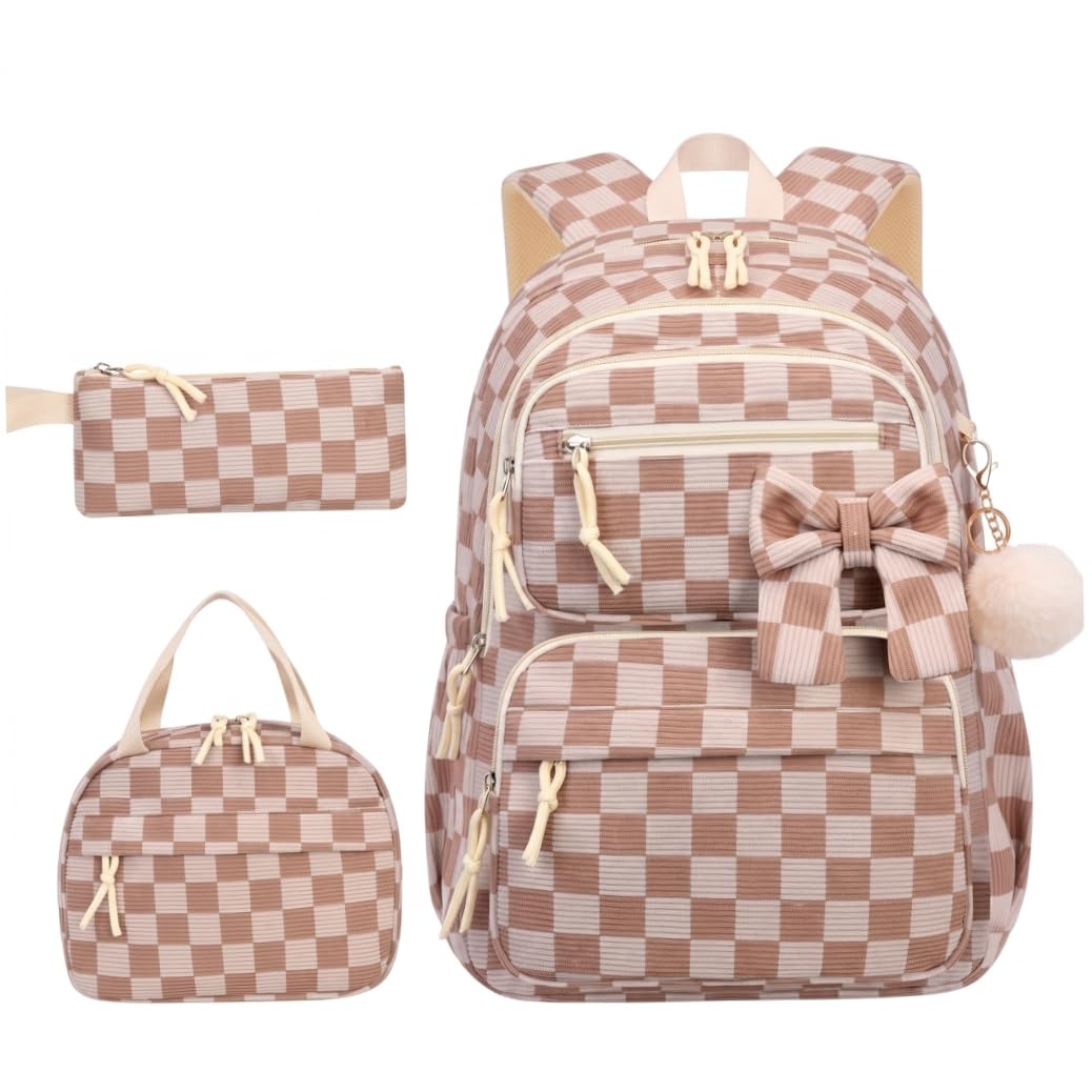 Mochila a Cuadros para niñas de 3 Piezas, Mochila espaciosa de Pana con Fiambrera
