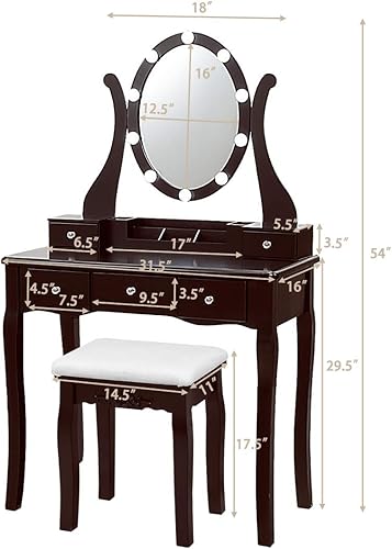 Miniatura 6 de CHARMAID Mesa de tocador de maquillaje con espejo iluminado, escritorio de tocador con 10 luces LED, brillo ajustable, 5 cajones y organizador de