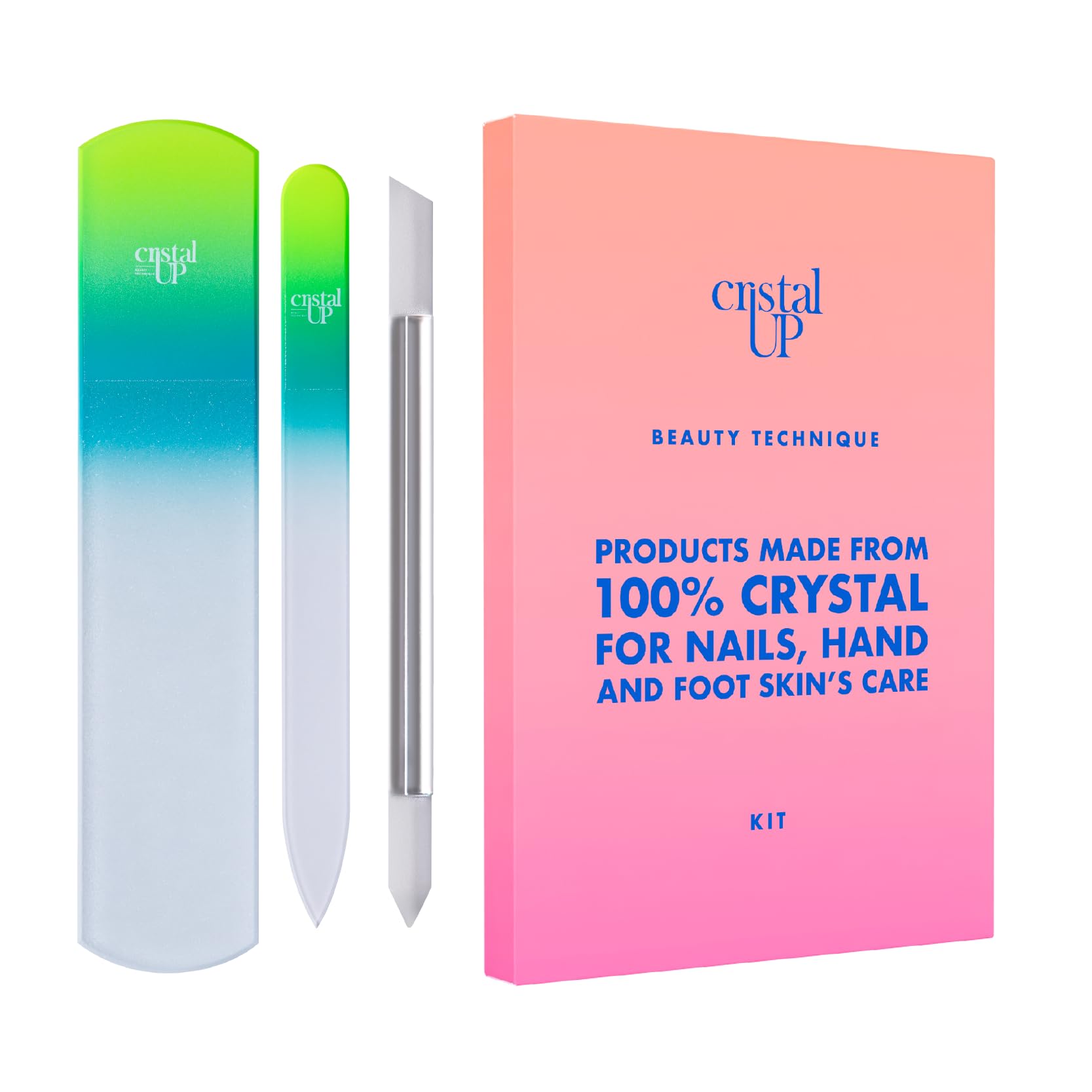 Starter Crystal Care Set - 3PC Includes Glass Foot Scraper, Medium Crystal File, and Cuticle Stick for Natural Nails, Glass File Kit