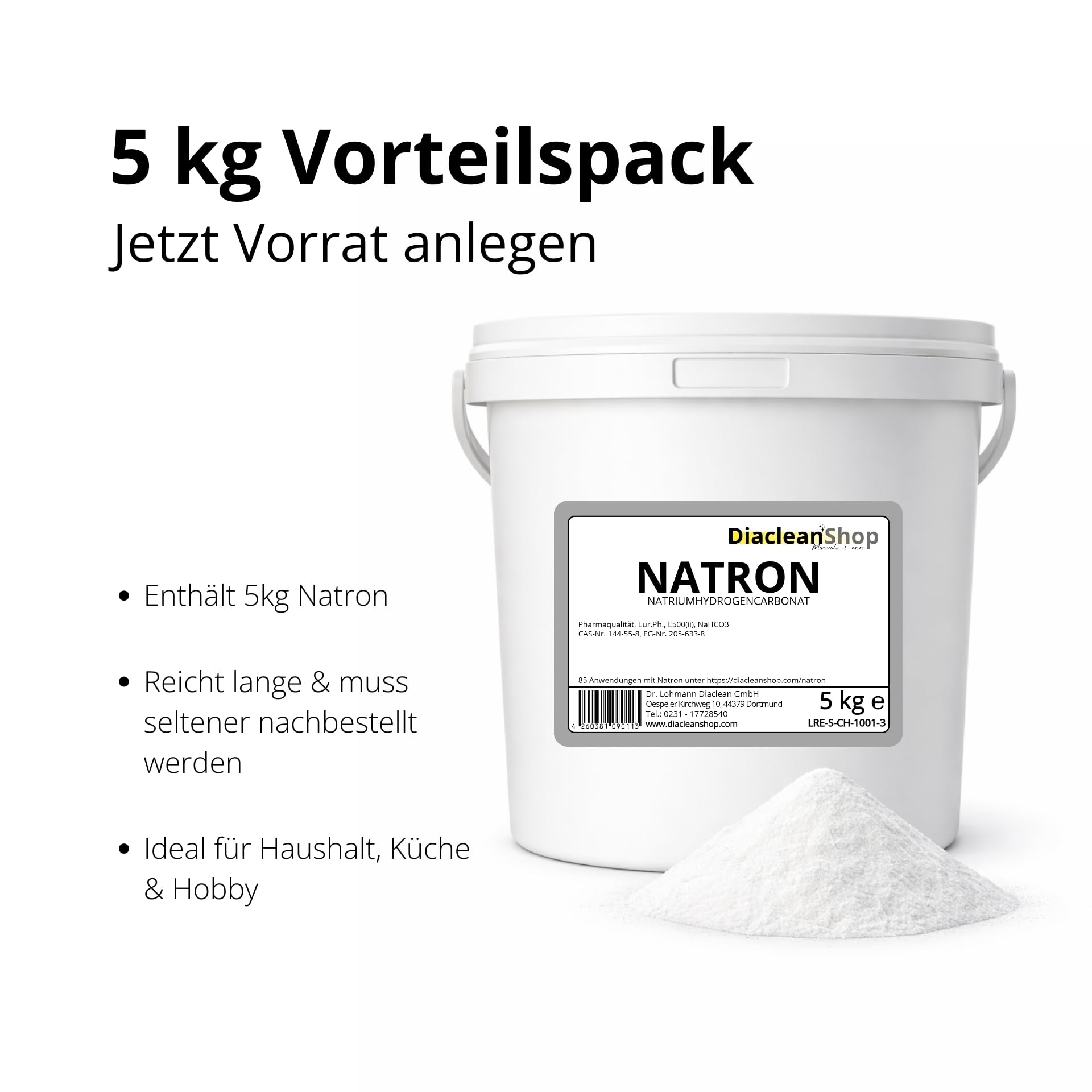 DIACLEANSHOP Natron Pulver 5kg – Pharmaqualität E500ii | Deutsche Herstellung & Abfüllung | vielseitig für Küche, Backen, Haushalt, Bad, Körperpflege & DIY