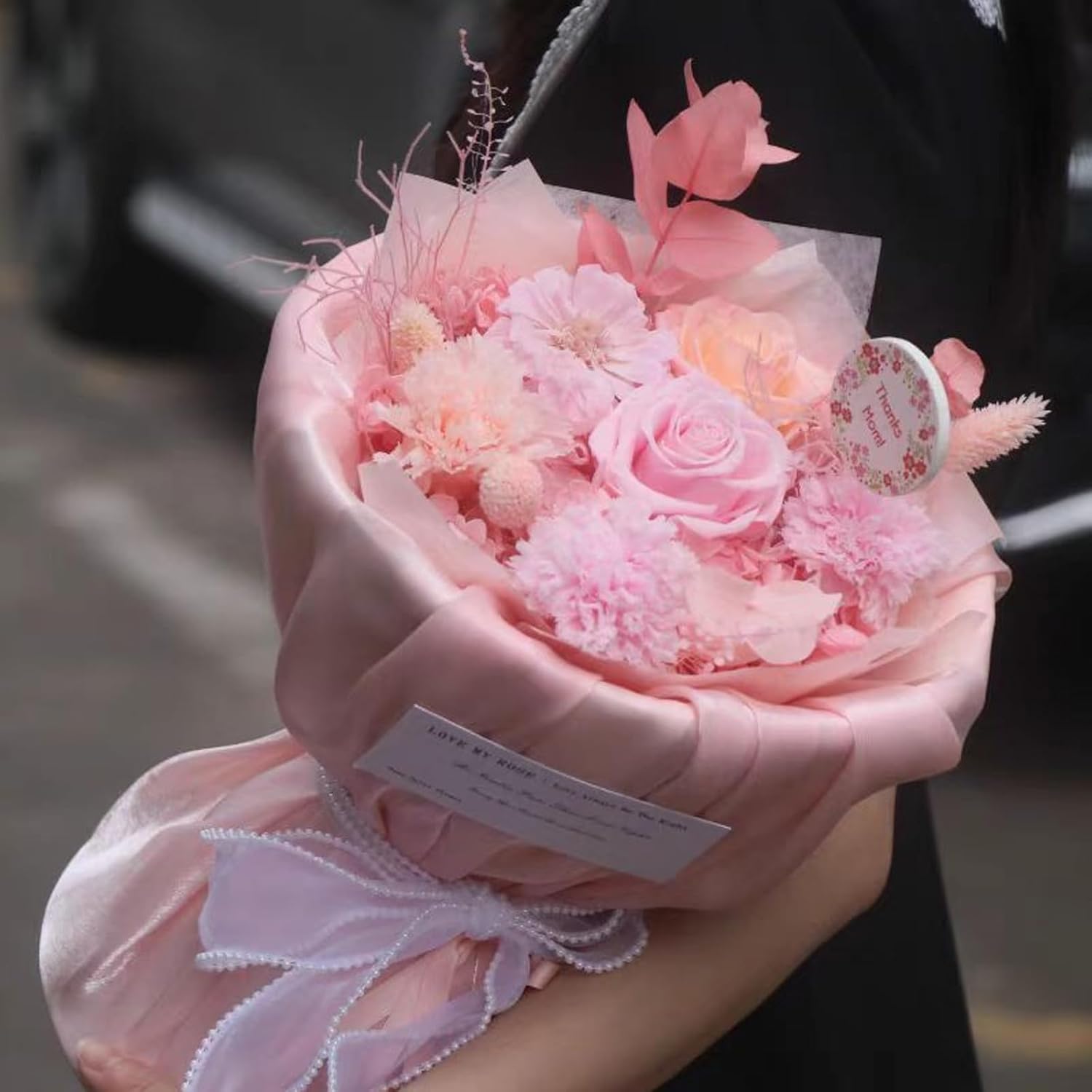 Preserved Flower Bouquet Pink Rose Flower Carnation Bouquet Valentines Birthday Mom Grandma Sister, Daughter