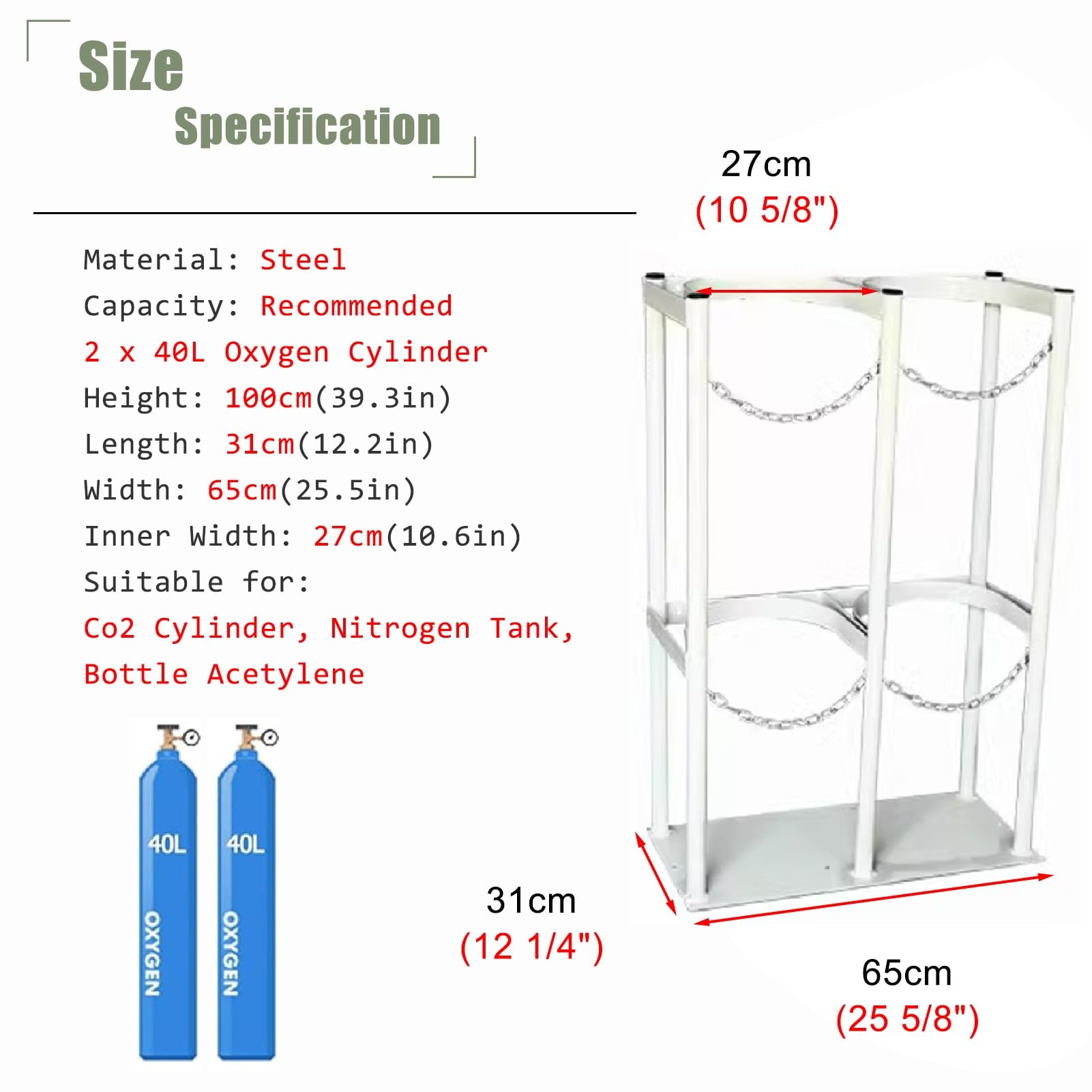 Soporte de Lujo para Tanque de oxígeno, Soporte de fijación para bombonas de Gas, Soporte Universal para Almacenamiento de oxígeno con Cadenas de fijación, Soporte Resistente y Duradero para