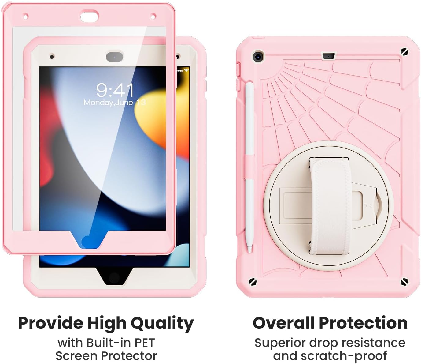 for iPad 9th Generation 2021/ iPad 8th Generation 2020/ iPad 7th Generation 2019 Case, with Screen Protector, Pencil Holder [360° Rotating Hand Strap] & Stand, for iPad 10.2 inch (Pink)