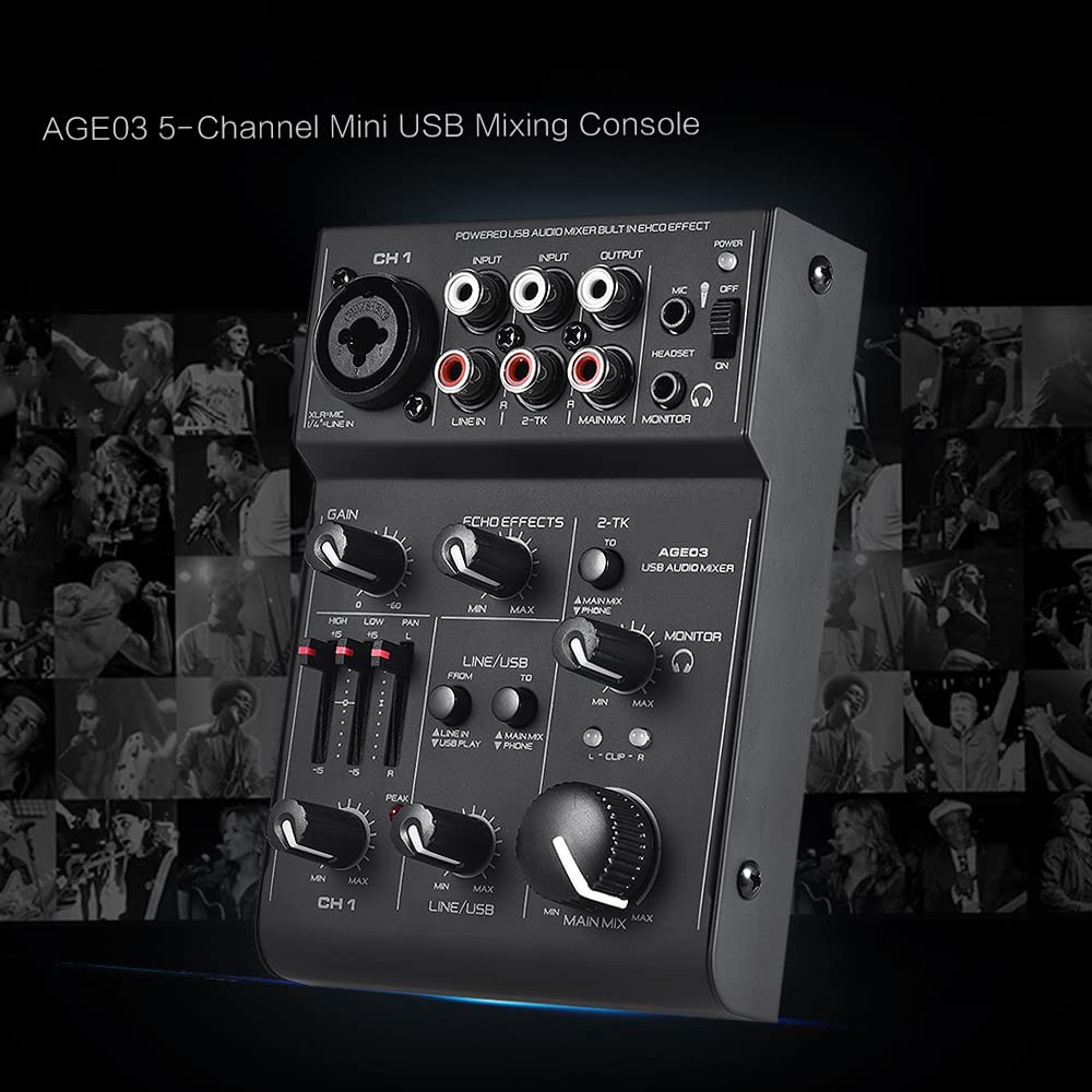 AGE03 5-Kanal Mini Mic-Line Mischpult USB Audio Interface Mixer mit eingebautem Echo-Effekt USB Verstärktes DJ Netzwerk für Aufnahme Live Streaming Karaoke