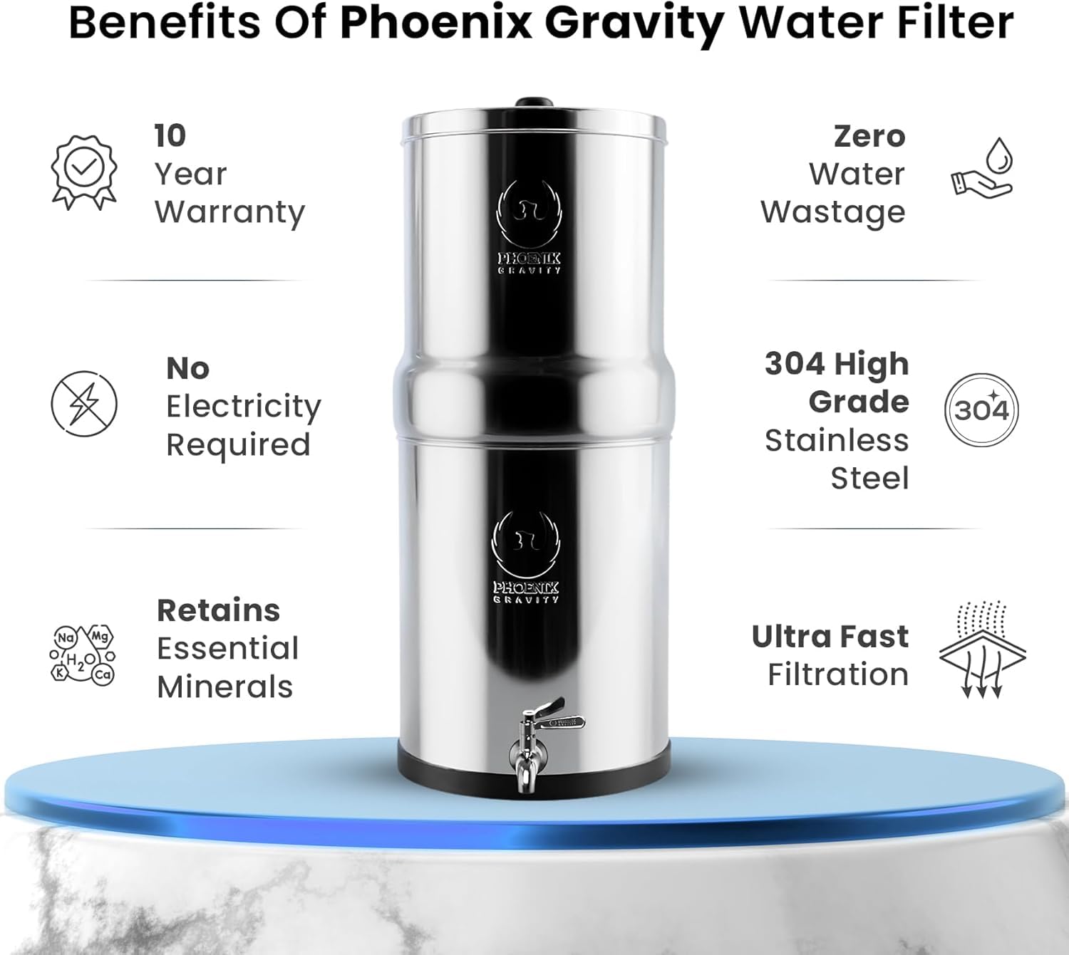 Phoenix Gravity - Sistema filtro encimera 6L acero inoxidable AISI 304, NSF, 2 Smart Carbon, grifo y soporte incluidos.