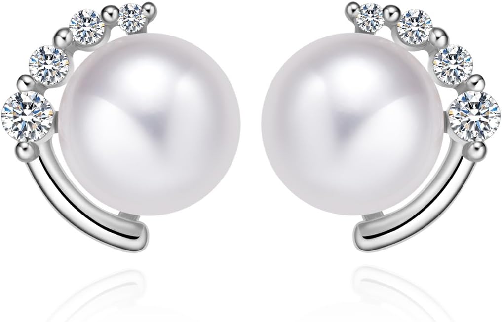 "Moon & Star" Sterling Silver Pearl Earrings Studs Crystal Zircon with 8mm Freshwater Pearl (white gold)