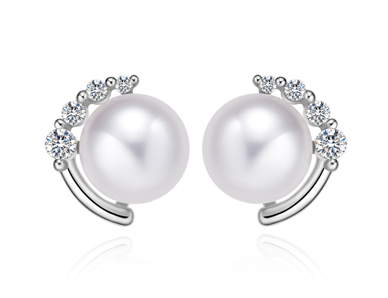 "Moon & Star" Sterling Silver Pearl Earrings Studs Crystal Zircon with 8mm Freshwater Pearl (white gold)