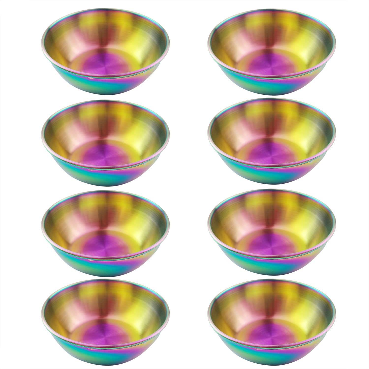 Set of 8 Stainless Steel Dipping Sauce Bowls, Soy Sauce Dishes, Seasoning Plate, Small Round Saucers, Appetizer Plate for Sushi, Side Dishes, Dessert, Tomato Sauce， 3.27"x3.27"x 1.14" Rainbow
