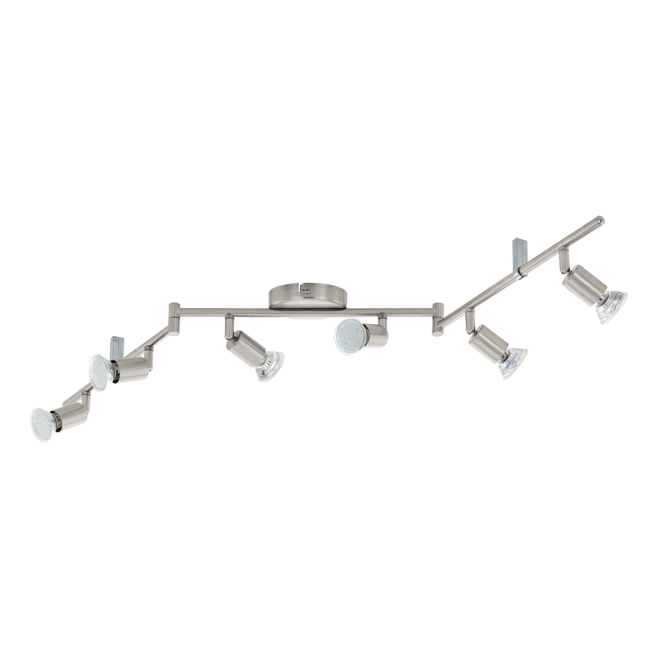 Eglo Lámpara de techo LED Buzz-LED, lámpara de techo con 6 focos, proyector de techo de metal en níquel mate, lámpara para salón, cocina, focos con bombillas GU10, luz cálida, L 105 cm