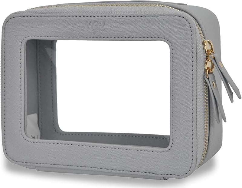 Necessaire de viagem NGIL em couro sintético transparente, cinza, com janela transparente e zíper dourado
