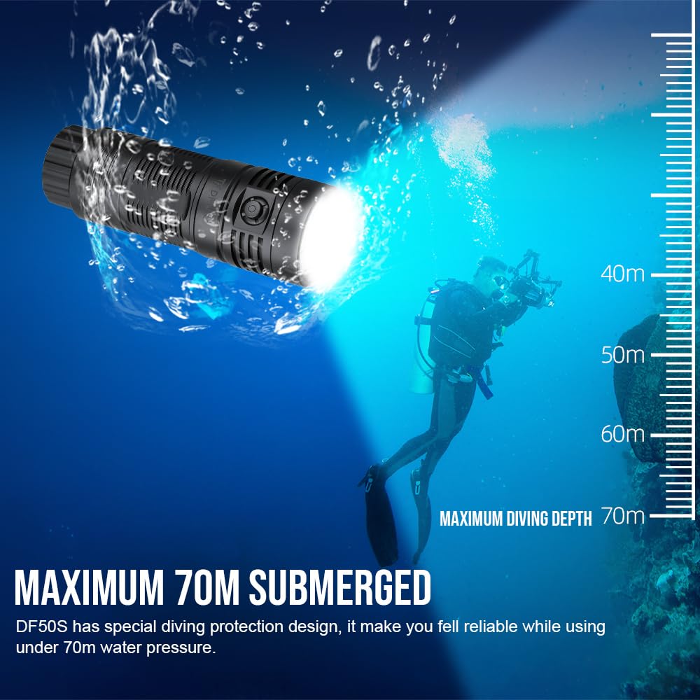 TrustFire DF50S Lampe de plongée sous-marine rechargeable avec lumière blanche et lumière rouge et UV, étanche IP68 avec indicateur de batterie
