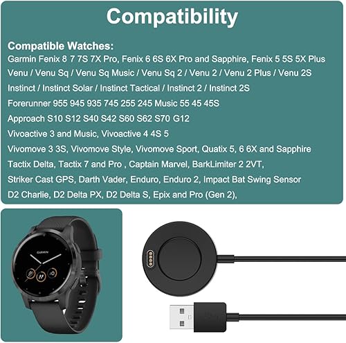 Miniatura 2 de Cargador para Garmin Forerunner 965 955 945 935 745 265 255 245 55 45, Approach S10 S12 S40 S42 S60 S62 S70, Fenix 7 7S 7X, Vivoactive 3 4 4S,