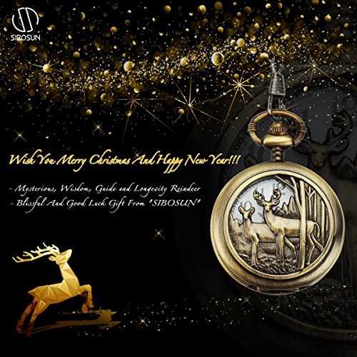 Sibosun Pocket Watch With Chain Deer Reindeer Woodland Men Smooth Back Case Bronze Vintage Box Quartz #TOP1