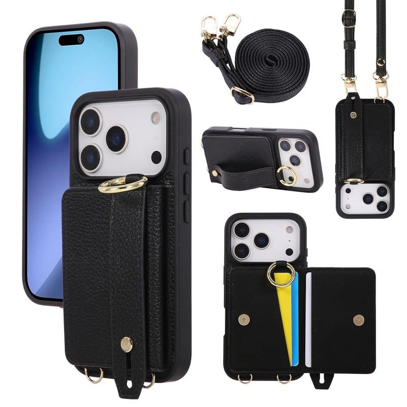 Coque portefeuille iPhone 16E cuir noir dotée d'une longue sangle amovible