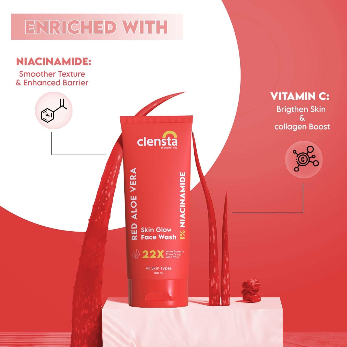 Clensta Red Aloe Vera Skin Glow Face Wash With Vitamin C & Niacinamide For Nourishing, Hydrating & Glowing Skin | For All Skin Types For Women & Men 100 ML (Pack of 2) 1