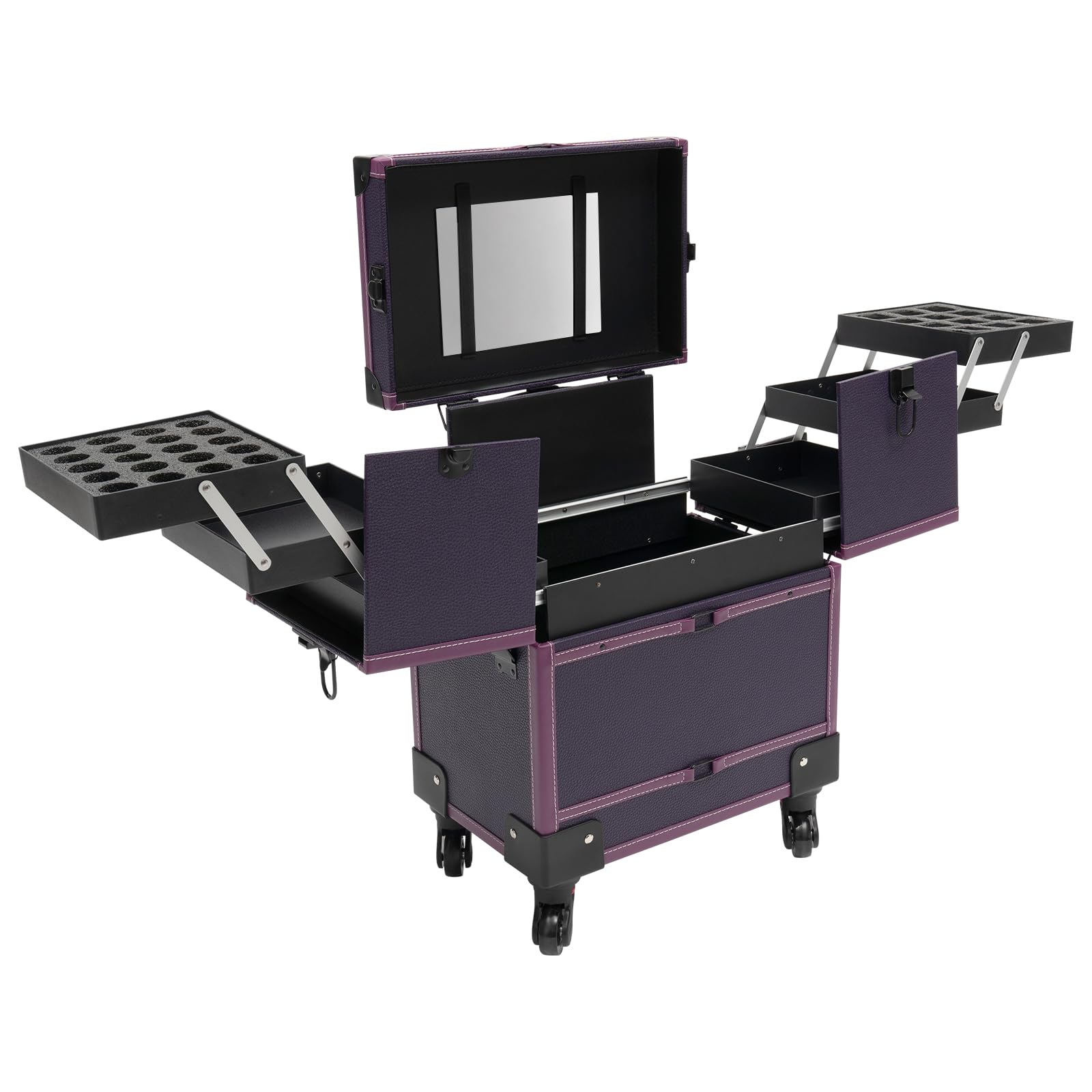 DreamRcoach Rolling Makeup Train Case w/Mirror, Beauty Trolley Rolling Makeup Train Case w/Lock, Nail Polish Cosmetic Organizer Traveling Cart Trunk for Make-up Artists (Purple)