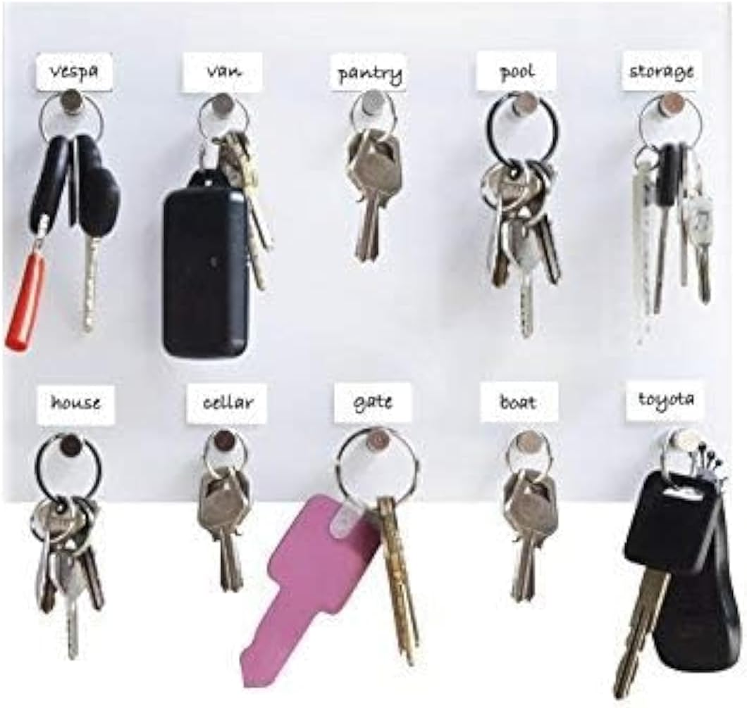 iZer Key Rack with Labels, Permanent Marker & Mount Tape. Holds 10 Keys with Stainless Steel Hooks. Acrylic Key Holder & Organizer