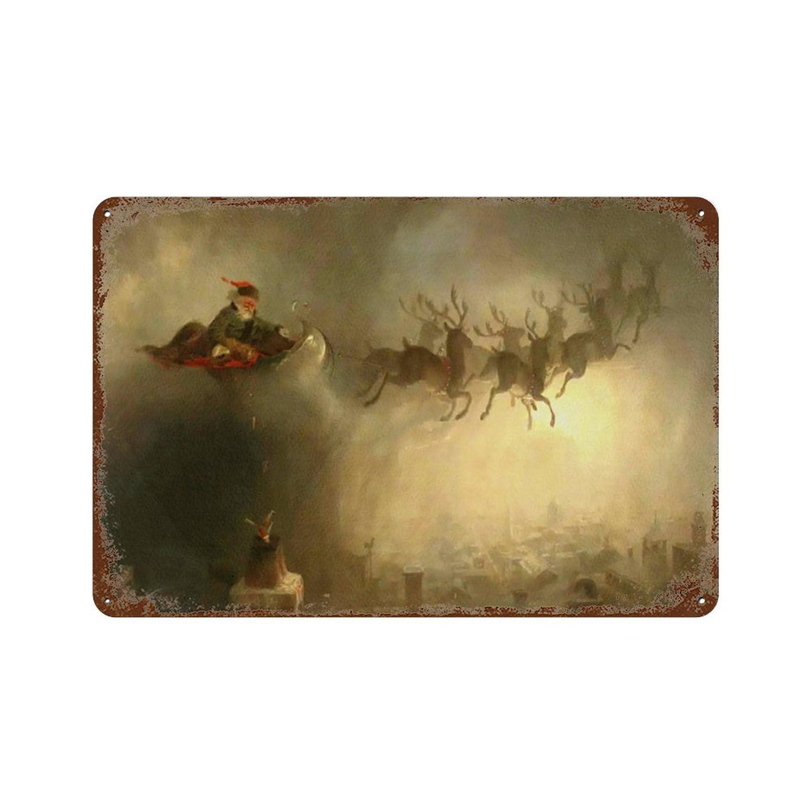 xiaoxiaoshen Vintage Santa Claus Painting_ Christmas Reindeer Sleigh Wall Decor Art Metal Tin Poster Modern Home Decor Art Home Bar Shop Decorations Vintage Sign 20x30cm