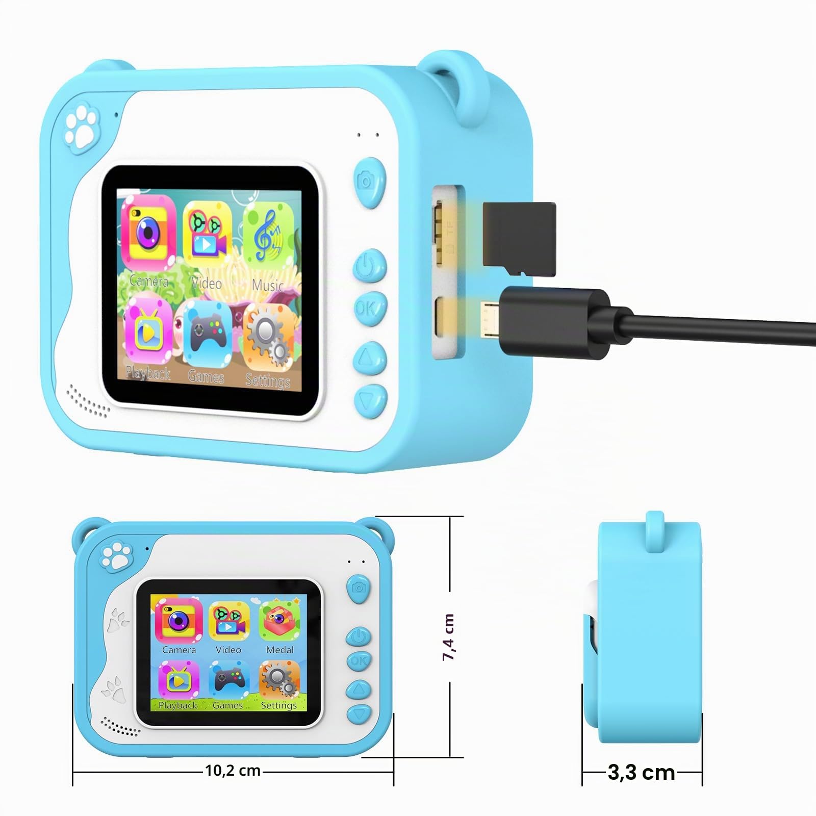 CHAKEYAKE Macchina Fotografica Bambini,Fotocamera Istantanea Digitale Bambini 2.4” 1080P HD Videocamera con 32GB Scheda SD,Macchina Fotografica Giocattolo Idee Regalo Bambino 3-12 Anni(Blu)