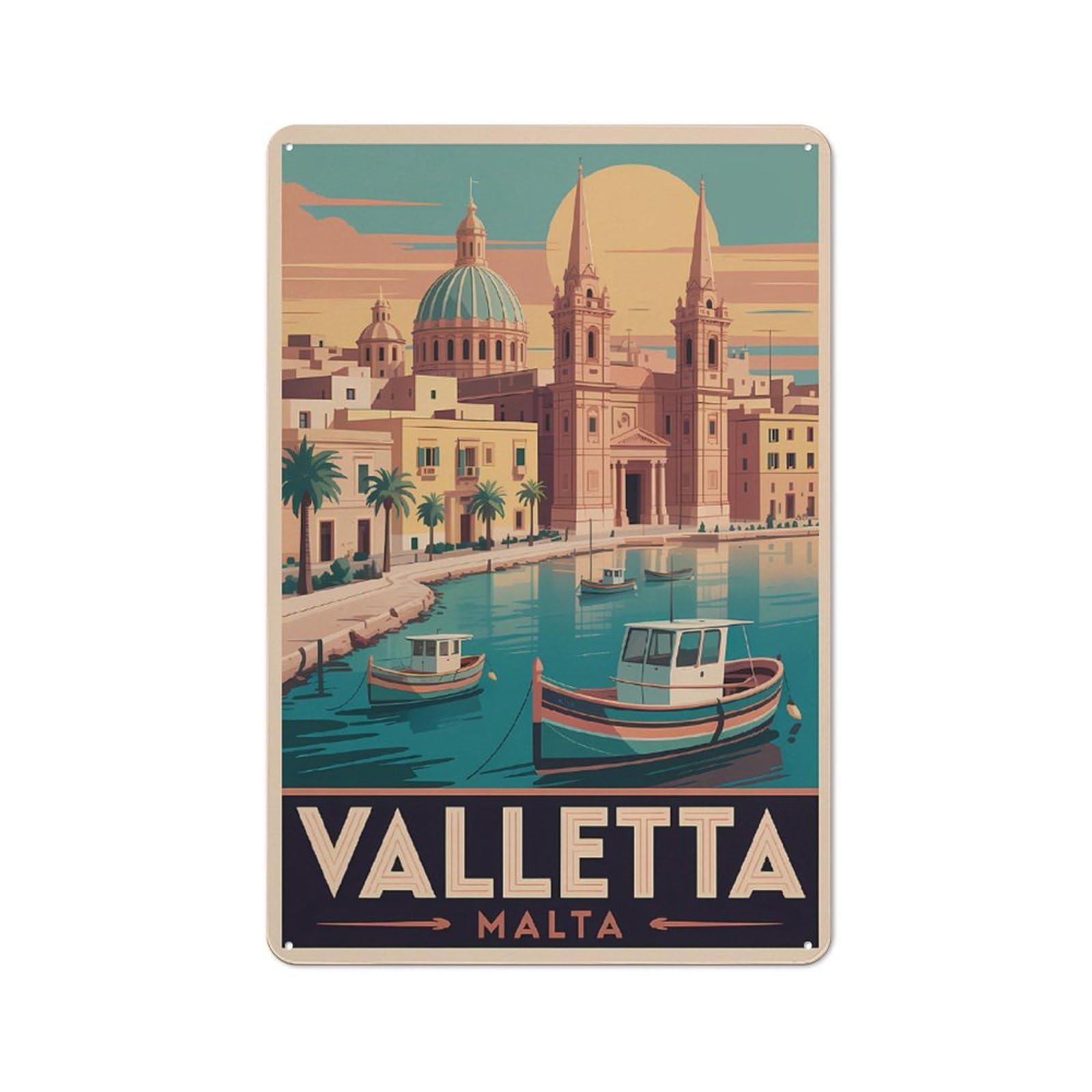 Junmoney Style-16 Valletta Malta Vintage Travel Decorative Tin Sign 30X20cm, Rustic Rustic Kitchen Decor For Kitchen, Cottage, Porch Or Garden Room