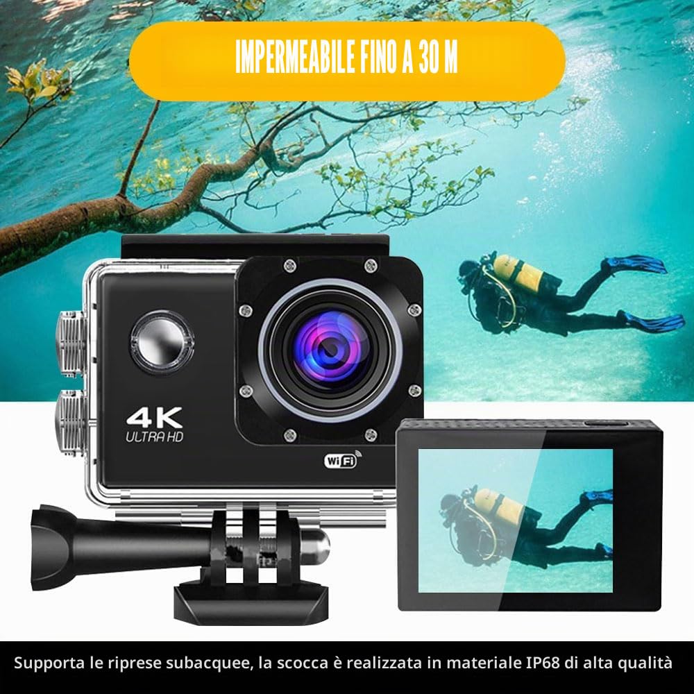 Peppy Action Camera 4K 20MP Ultra HD WiFi Impermeabile Sport Camera, con Grandangolo 140°, Stabilizzazione, Telecomando e Microfono Esterno per Vlogging, Immersioni, Snorkeling e Sport All'aperto