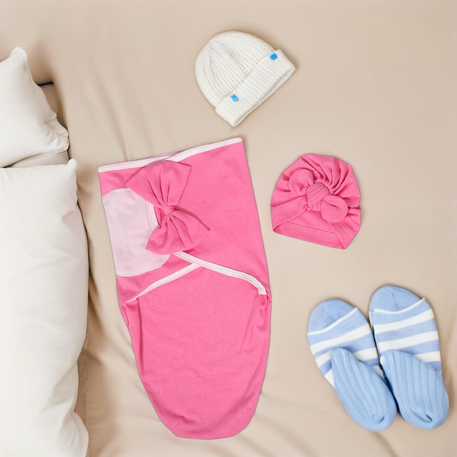 Supvox Wickeltuch und Mütze aus Baumwolle mit Schleife für Mädchen | Weiche Babydecke zum Einwickeln, 3 Stück, Geeignet für Neugeborenenfotografie und Spaziergänge