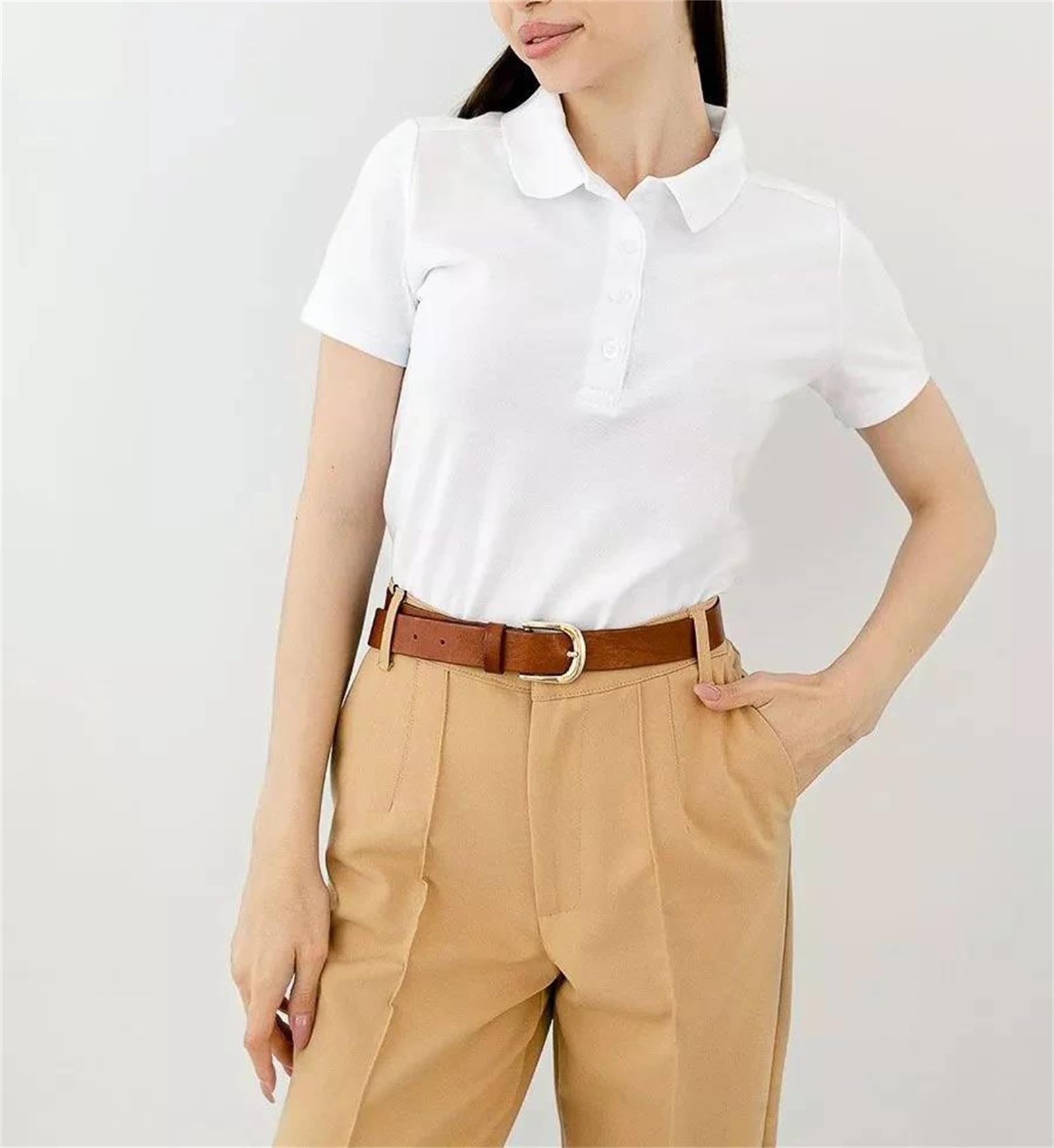 Genérico Polo Deportivo de Manga Corta para Mujer, Liso, con Cuello Vuelto, Transpirable, Ligeramente elástico, Informal, para Negocios (Blanco pequeño)
