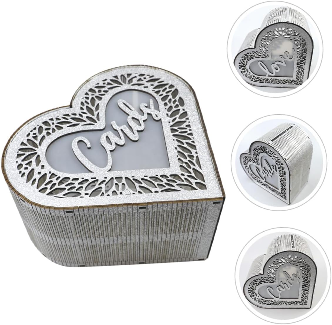 Heart-shaped Wood Card Box with Hollow Design and Glitter, Portable Wooden Greeting Card Holder for Wedding Reception, Anniversary, and Valentine’s Day Decoration