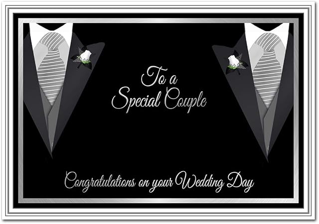 Gay Wedding Card - Same Sex Wedding Day Congratulations - Male Couple  Unique Design - Marriage Wishes - Unusual Special Keepsake - Quality - Tuxedo Grooms Theme