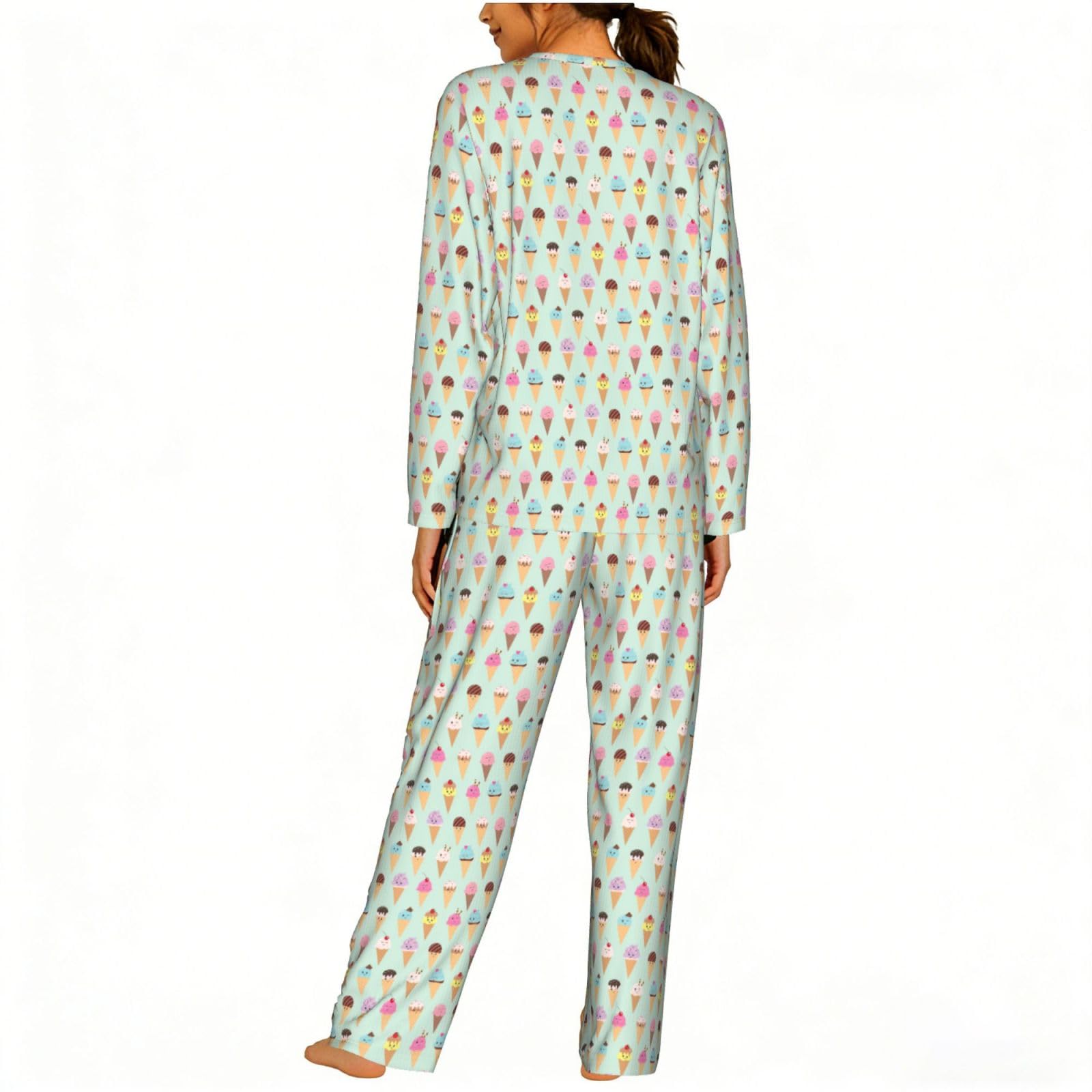 Ice Cream Cones Stampa Delle Donne Manica Lunga Set Pigiama Corrispondente Morbido Elastico Coulisse Casual Daywear