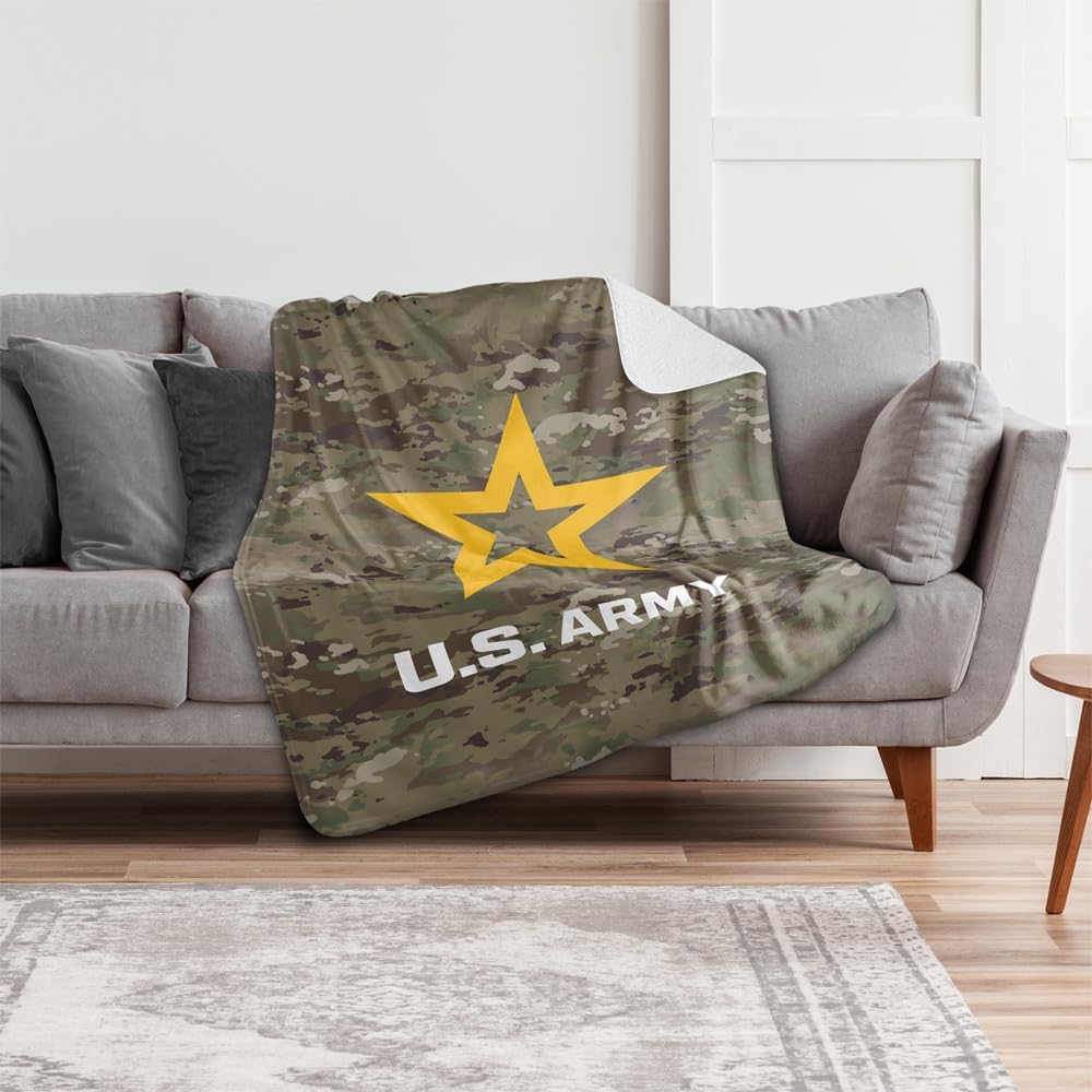 Army Blanket, 50"x60", Patch Silky Touch Sherpa Back Super Soft Throw Blanket