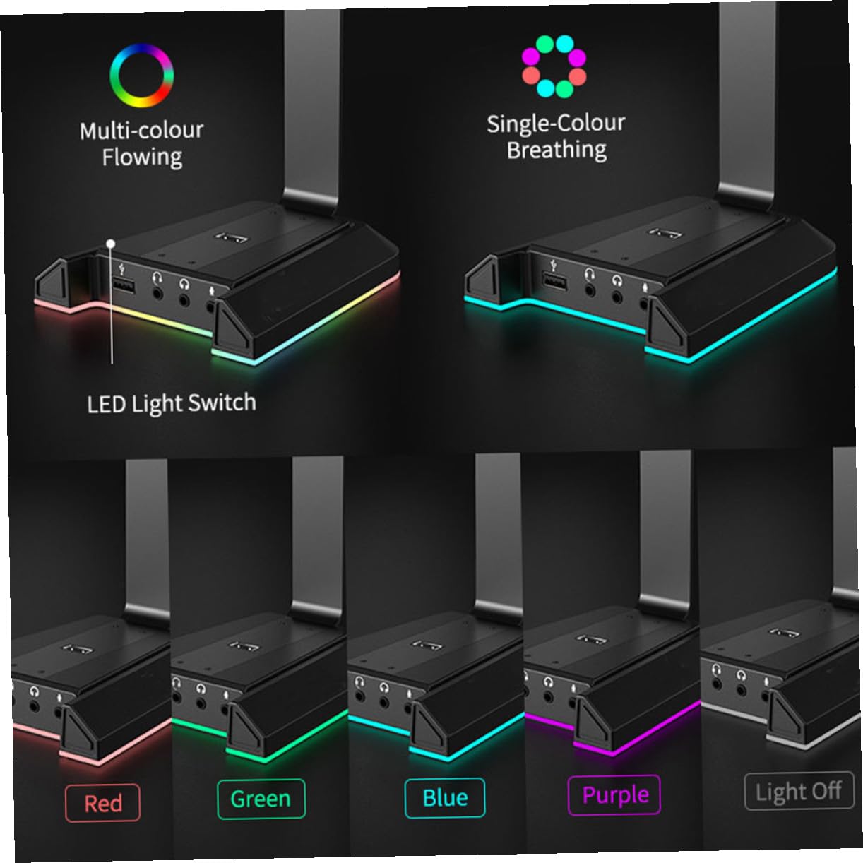 Supporto Cuffie da Gioco Rgb Porta USB in Abs Nero | Base da Tavolo Antiscivolo, Trasmissione Intelligente, per Mouse e Telefono