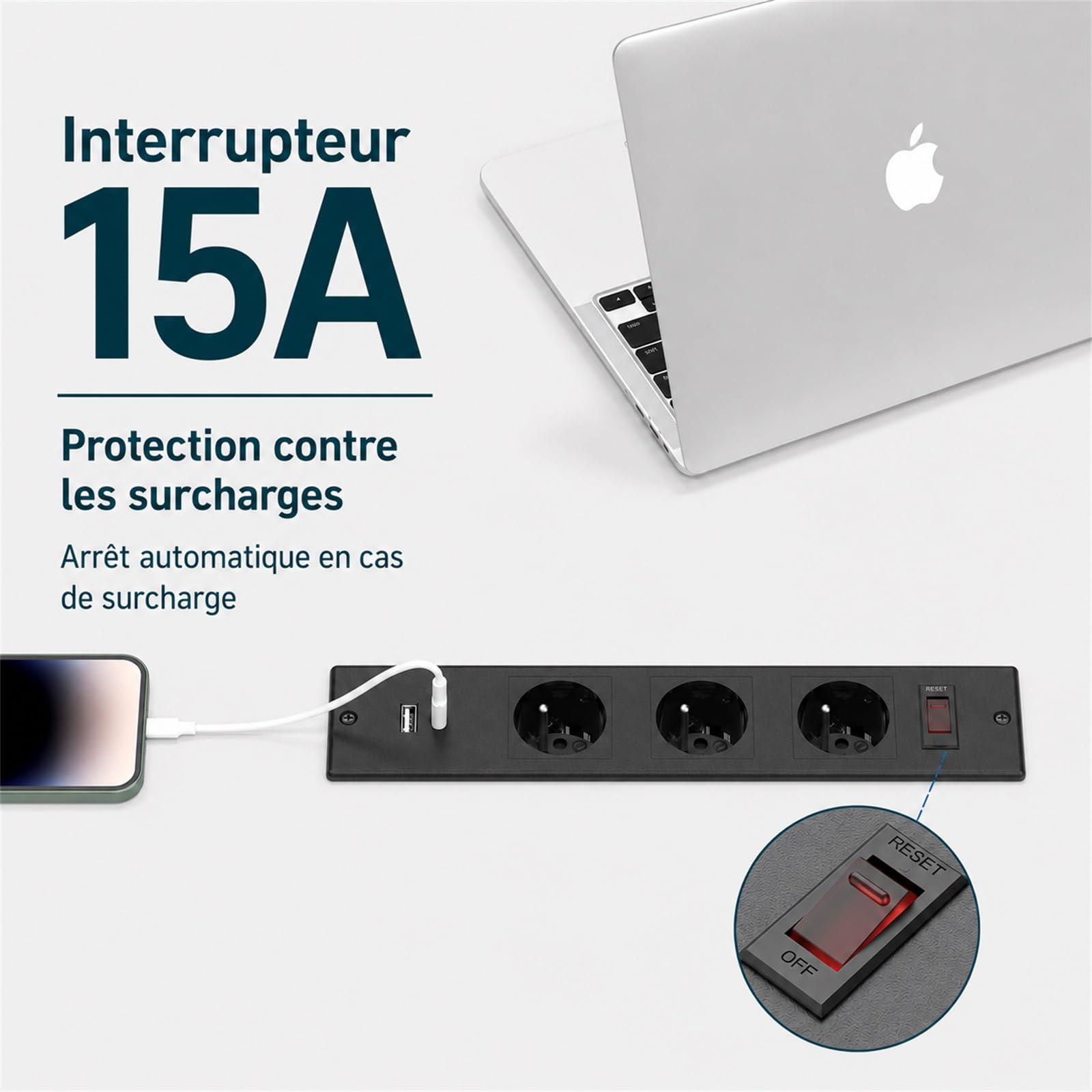 Prise Encastrable Plan de Travail, Dinolink Multiprise Encastrable avec 3 Prises, PD 20W USB A+C, Prise Electrique Encastrable avec Interrupteur de Surcharge, 16A/4000W, 2M Câble, Noir