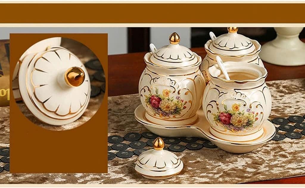 ガラスのスパイスジャー 蓋付きセットセラミック調味料瓶調味料ボトル白い調味料容器スプーン蓋付きトレイレストラン調味料