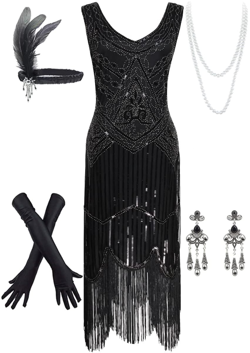 Women's Vintage 1920s Sequin Beaded Tassels Hem Flapper Dress w/Accessories Set