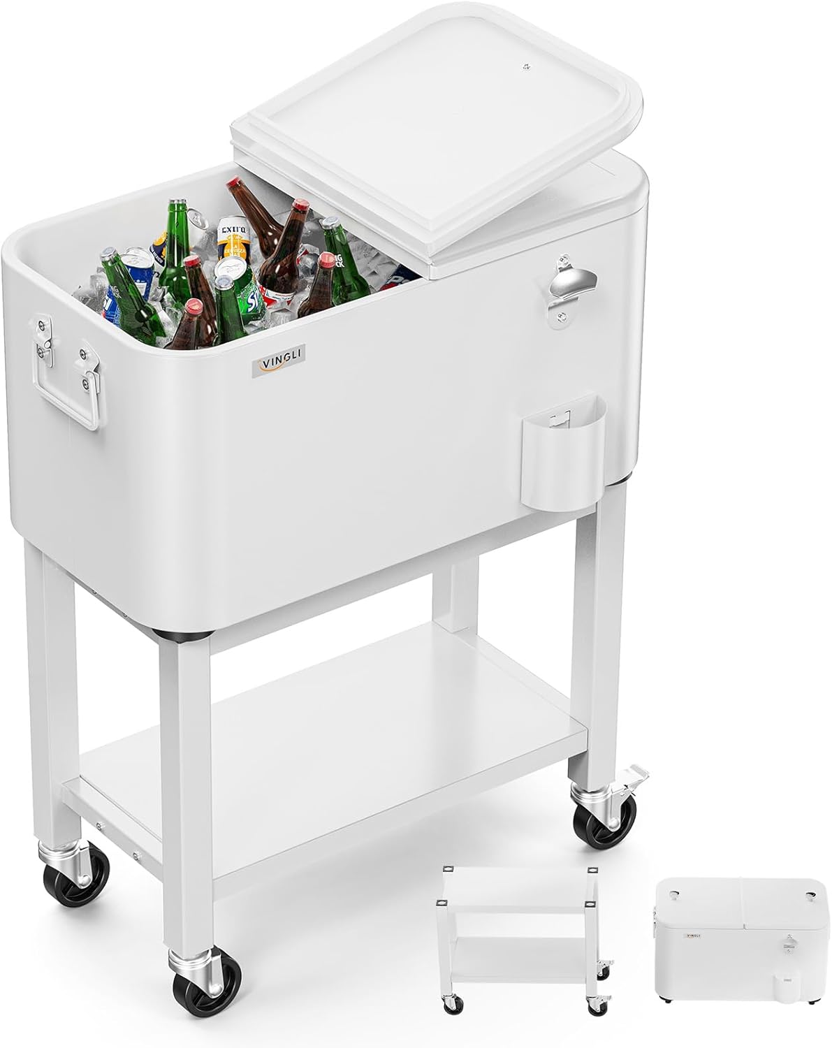 VINGLI Patio Cooler, Rolling Ice Chest on Wheels, Portable Patio Party Bar Drink Cooler Cart, with Shelf, Beverage Pool with Bottle Opener,Water Pipe