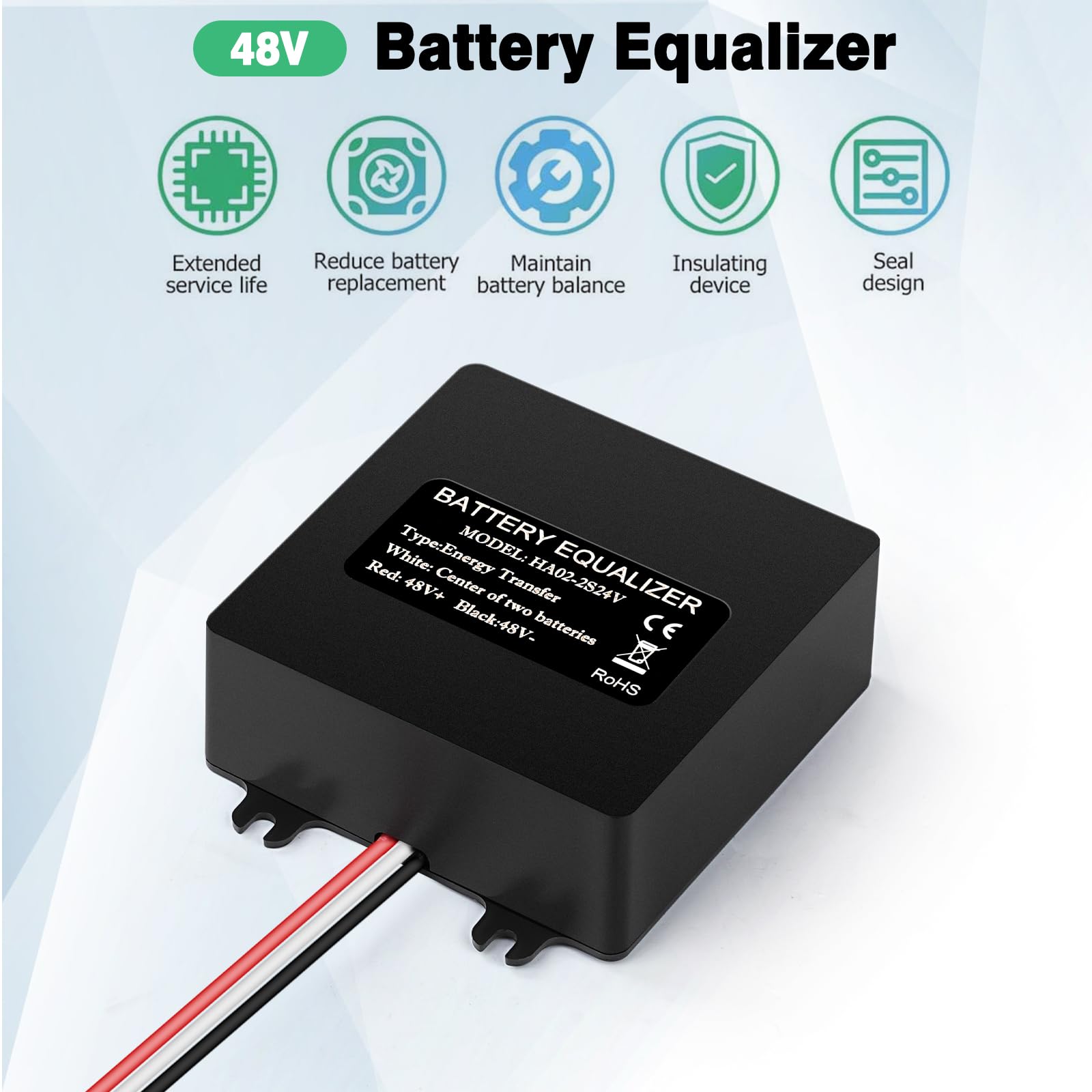 Equalizer baterii 24 V, 2 x 24 V, korektor do akumulatorów ołowiowych, kwasów, litów, lonów, niklu, metalowo-wodorku, litu, żelaza, fosforanu, wodoszczelność IP67, HA02-2S24V