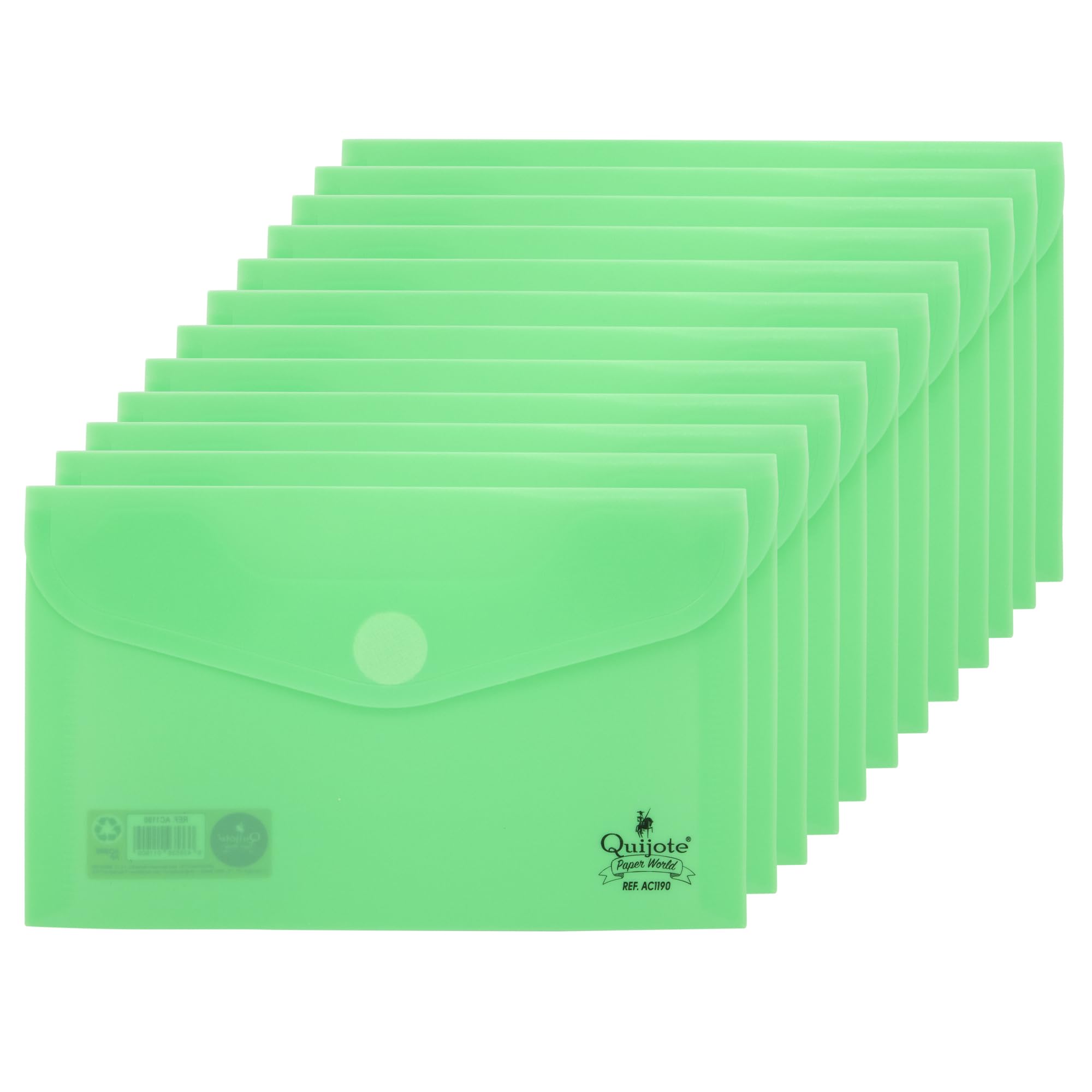 Quijote Paper World Pack 12 Sobres de Plástico Verde Pastel - Packs carpetas sobre plástico, cierre velcro, para archivar, clasificar y llevar a la escuela, oficina o universidad - 15x9.5cm