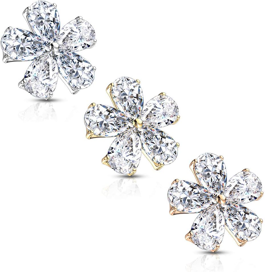 FIFTH CUE 14G Five Pear CZ Flower Dermal Tops - 316L Surgical Steel & Brass, Rhodium/14Kt Gold Plated, Internally Threaded Dermal Piercing Jewelry Tops in 3 Colors