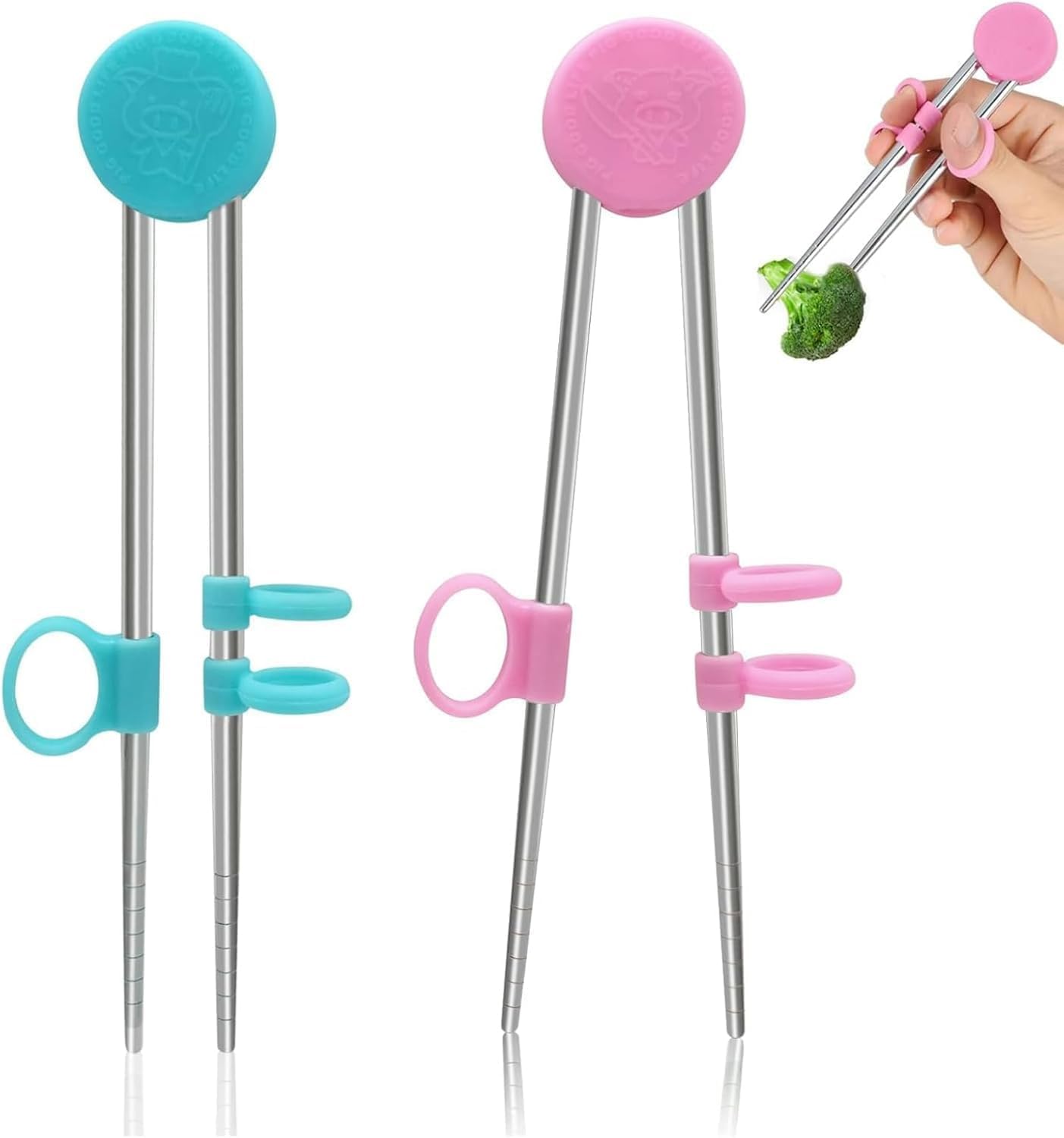 2Pairs Chopsticks Training Sailor Moon Chopsticks Reusable Metal Training Stainless Steel Learning Chopstick Helper for Adults Flatware (Blue+Pink)