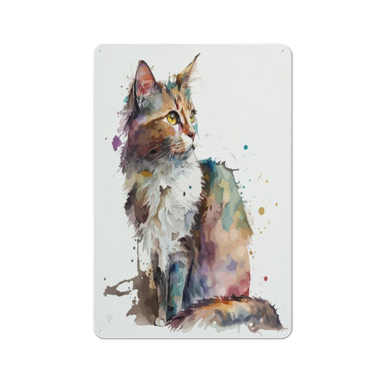 Cat Watercolor Art Clean Industrial Metal Wall Decor 30x20cm, Decorative Metal Plaque for Workspace, Cafe, Hallway Or Garage