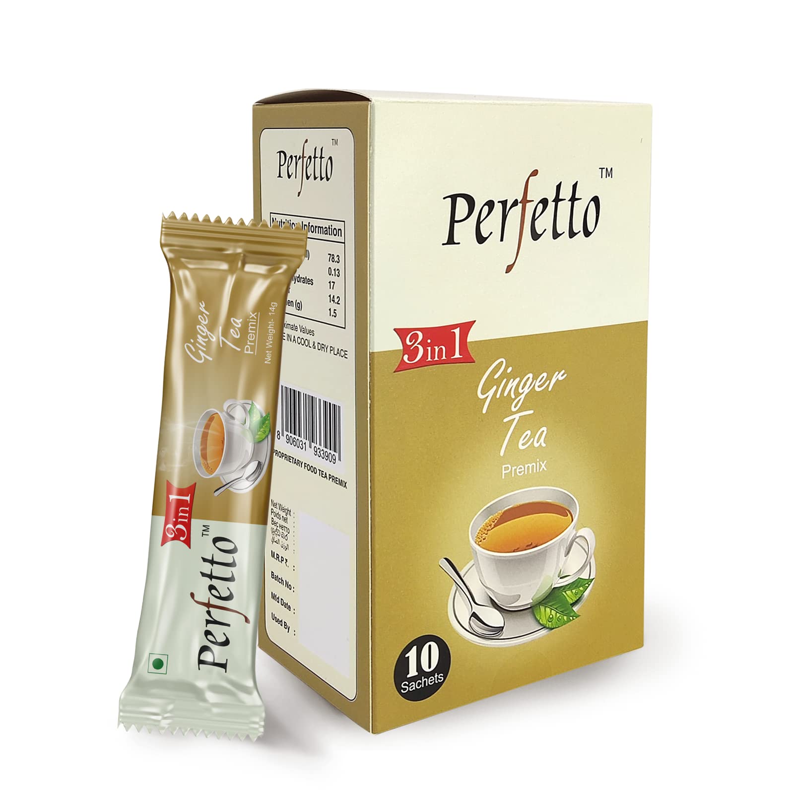 Perfetto Ginger Tea Premix - Ginger Flavour (10 Sachets) | Ginger Tea Powder | Ginger Chai | Premix Ready Mix Tea | Assam Tea | Desi Chai | Flavoured Tea | Tea Mix Instant Sachets (Ginger)