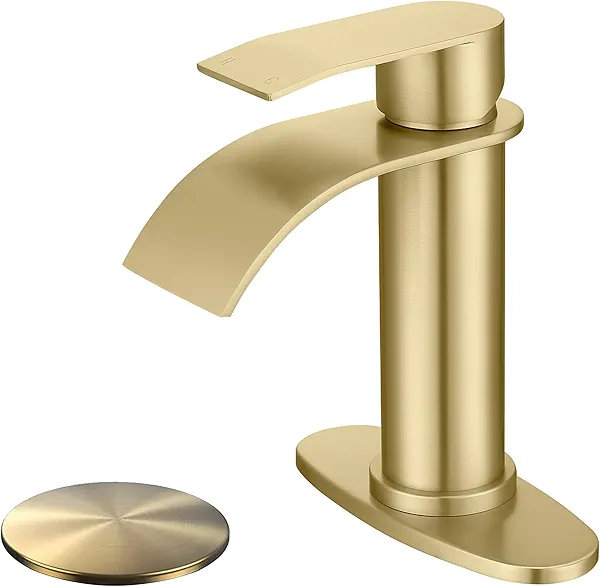 SLOUMKI Brushed Gold Waterfall Bathroom Faucet Single Hole, Gold Bathroom Faucet for Sink 1 Hole with 6 in Deck Plate and Pop Up Drain and Supply Hose, Modern Bathroom Sink Faucet