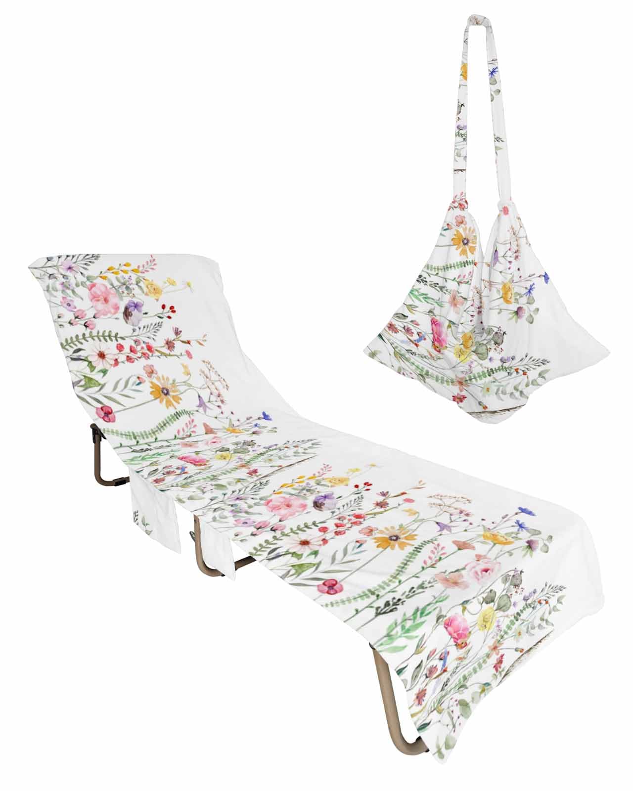 Fall Leaves Flower Beach Chair Towel Covers for Chaise Lounge With Side Pocket, Soft Plush Pool Towels Cover for Patio Sunbathing Outdoor 29''x85'' Eucalyptus Leaves Botanical Plant Aesthetic Herb