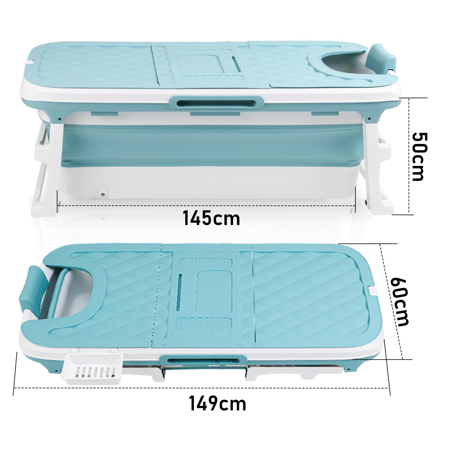 Baignoire pliable pour adulte, Baignoire mobile pliante 149×60×50 cm, Portable et peu encombrante, avec couvercle et tuyau de vidange, pour salle de bain, douche et extérieur, Bleu