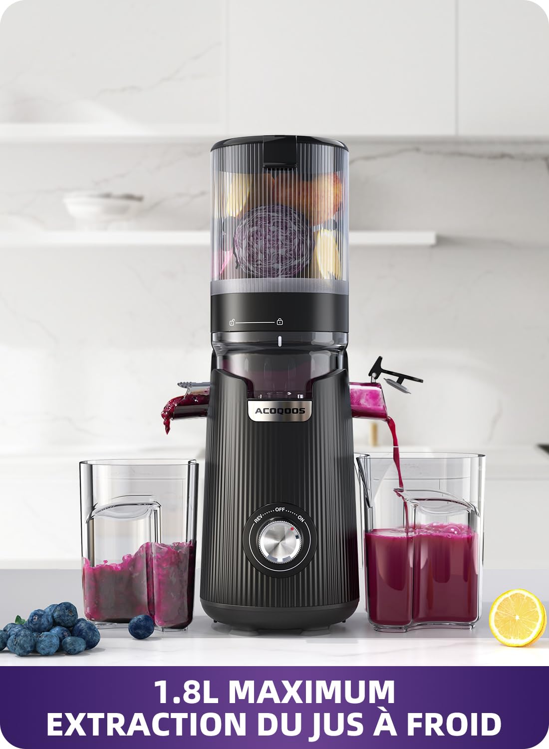 ACOQOOS Extracteur de Jus 135 mm Grande Ouverture Centrifugeuse 300W 1.8L Noir