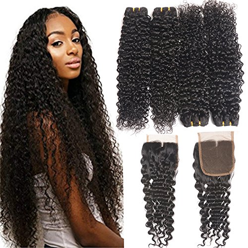 10A Brazilian Hair 4 Bundles with Closure Water Wave (18 20 22 24+Closure 16, Middle Part) Remy Wet and Wavy Hair Weave Bundles with 4x4 Lace Closure Resaca Unprocessed Virgin Human Hair